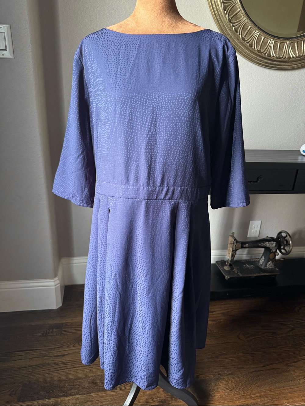 ModCloth XL Blue Jacquard Fit & Flare Dress Boat Neck 3/4 Sleeve Pockets NWOT